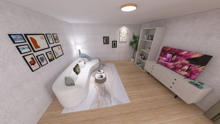 Vizualizace potencionálního budoucího stavu kuchyně, jídelny a&nbsp;obývacího pokoje po rekonstrukci. Důraz na prosvětlení a větší modernizaci oproti původnímu…