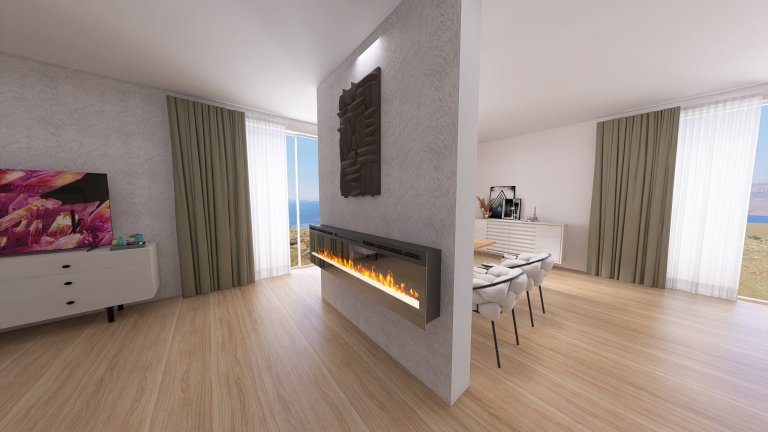 Vizualizace potencionálního budoucího stavu kuchyně, jídelny a&nbsp;obývacího pokoje po rekonstrukci. Důraz na prosvětlení a větší modernizaci oproti původnímu…