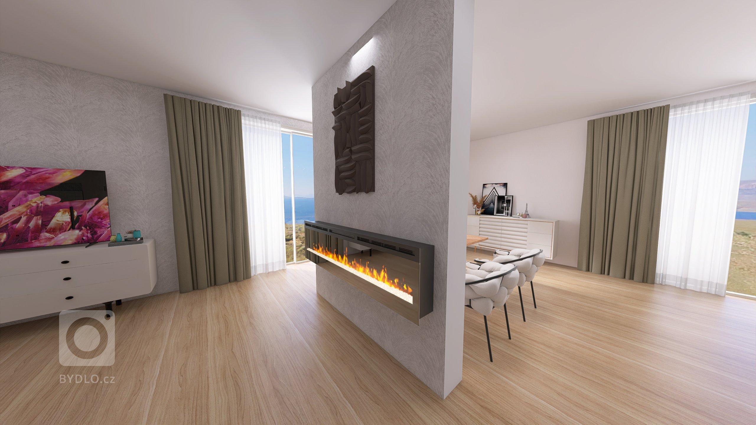 Vizualizace potencionálního budoucího stavu kuchyně, jídelny a&nbsp;obývacího pokoje po rekonstrukci. Důraz na prosvětlení a větší modernizaci oproti původnímu…