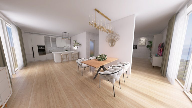 Vizualizace potencionálního budoucího stavu kuchyně, jídelny a&nbsp;obývacího pokoje po rekonstrukci. Důraz na prosvětlení a větší modernizaci oproti původnímu…