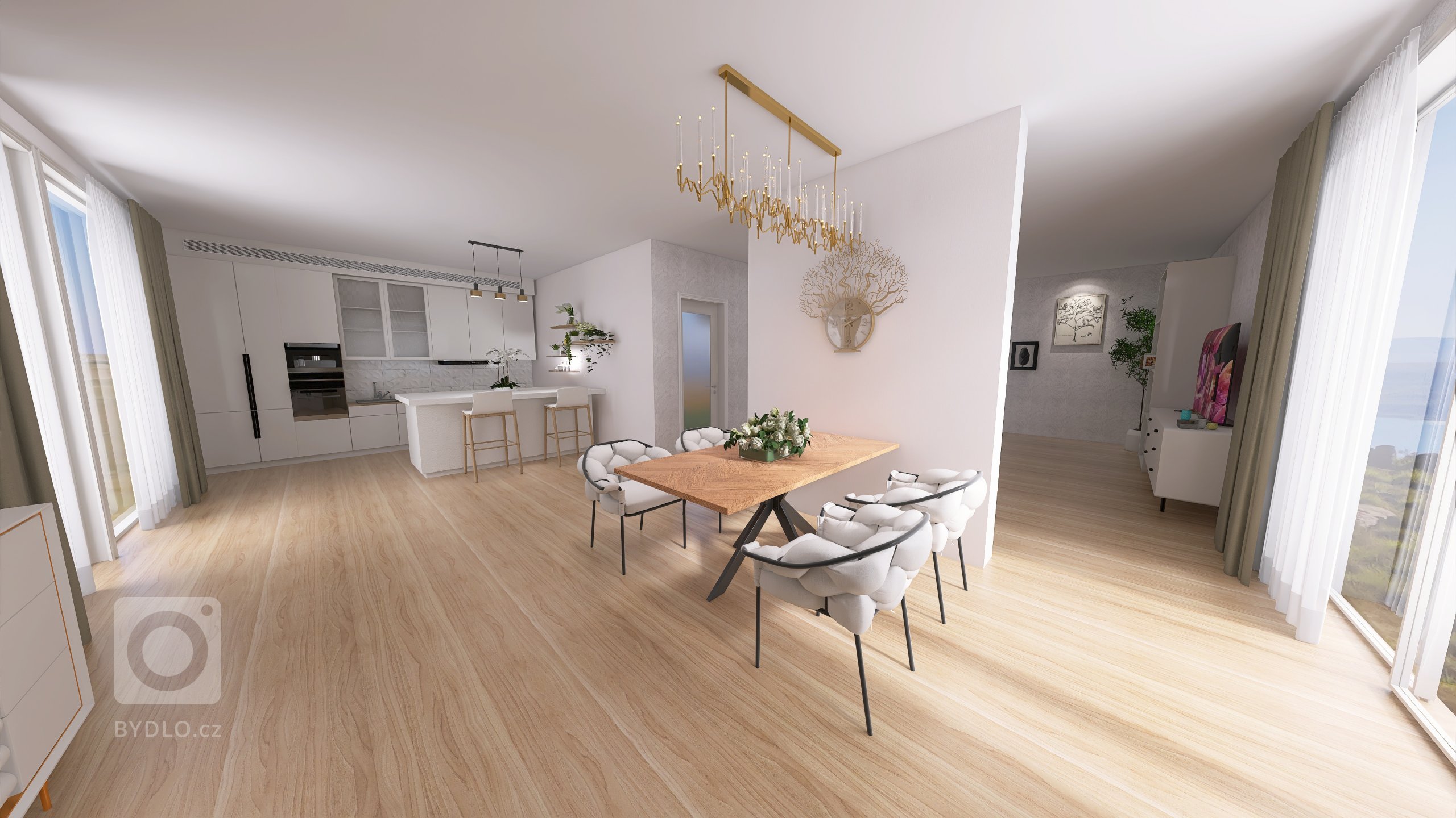 Vizualizace potencionálního budoucího stavu kuchyně, jídelny a&nbsp;obývacího pokoje po rekonstrukci. Důraz na prosvětlení a větší modernizaci oproti původnímu…