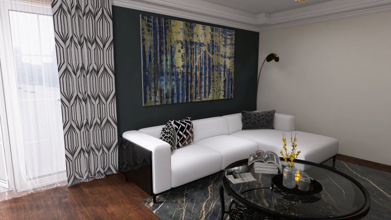 Vizualizace potencionálního budoucího stavu kuchyně, jídelny a obývacího pokoje. Přáním bylo zařazení tmavších barev, zlatých detailů, geometrických prvků.
