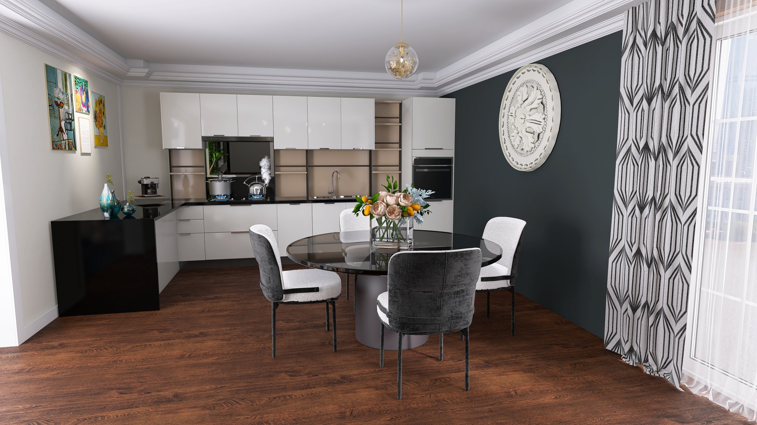 Vizualizace potencionálního budoucího stavu kuchyně, jídelny a obývacího pokoje. Přáním bylo zařazení tmavších barev, zlatých detailů, geometrických prvků.
