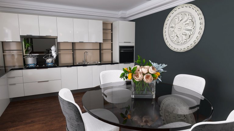 Vizualizace potencionálního budoucího stavu kuchyně, jídelny a obývacího pokoje. Přáním bylo zařazení tmavších barev, zlatých detailů, geometrických prvků.
