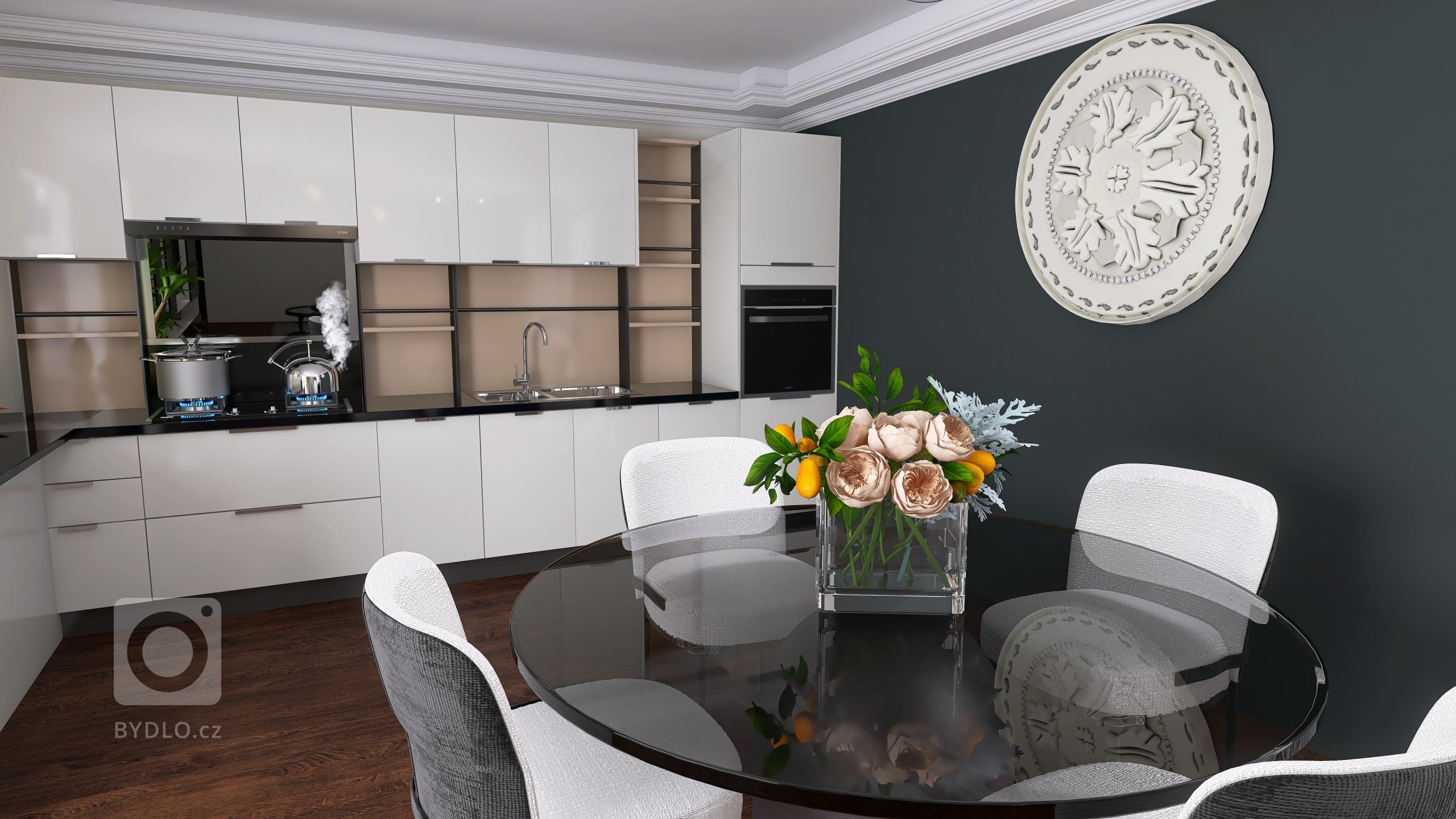 Vizualizace potencionálního budoucího stavu kuchyně, jídelny a obývacího pokoje. Přáním bylo zařazení tmavších barev, zlatých detailů, geometrických prvků.
