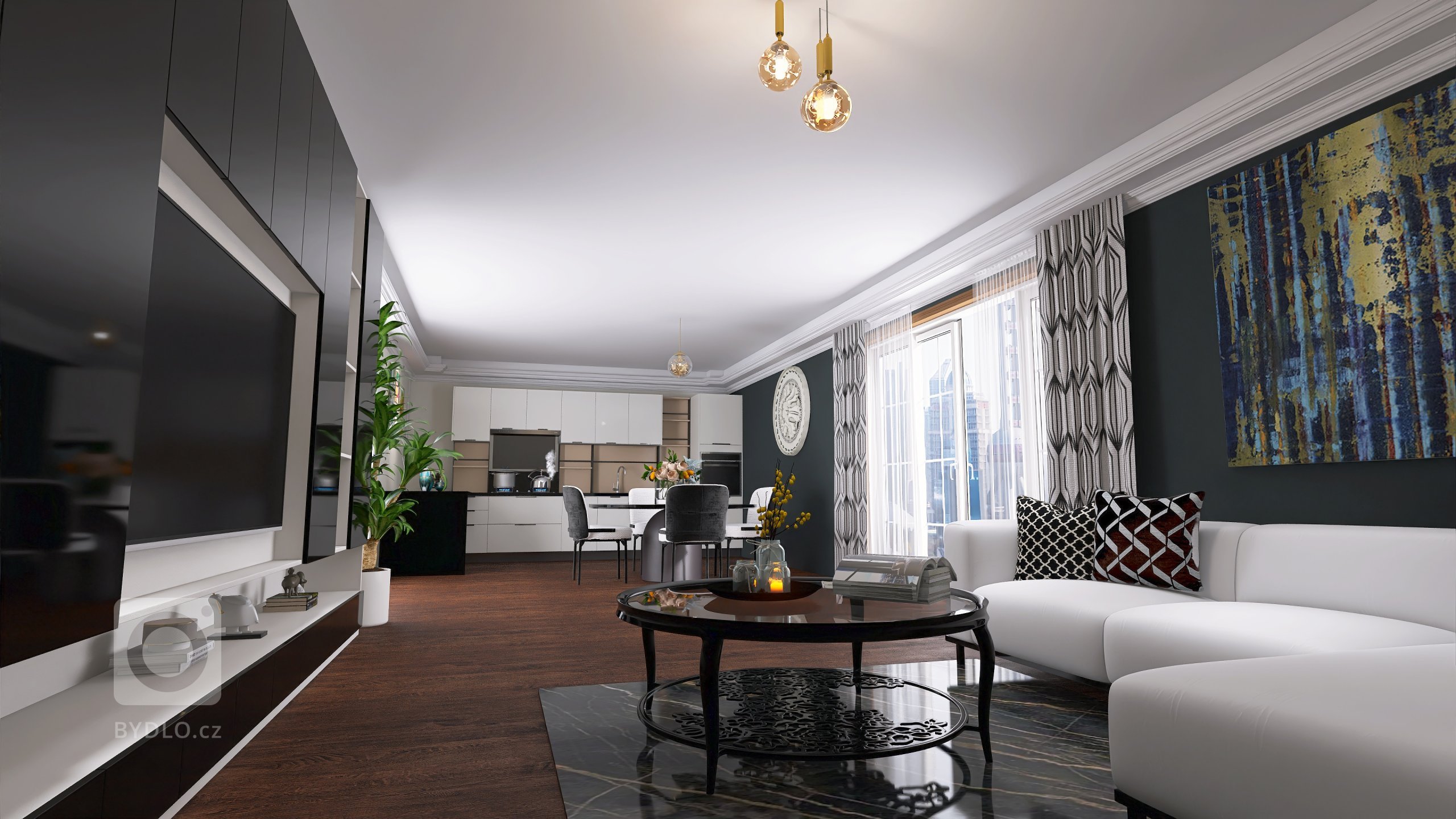 Vizualizace potencionálního budoucího stavu kuchyně, jídelny a obývacího pokoje. Přáním bylo zařazení tmavších barev, zlatých detailů, geometrických prvků.
