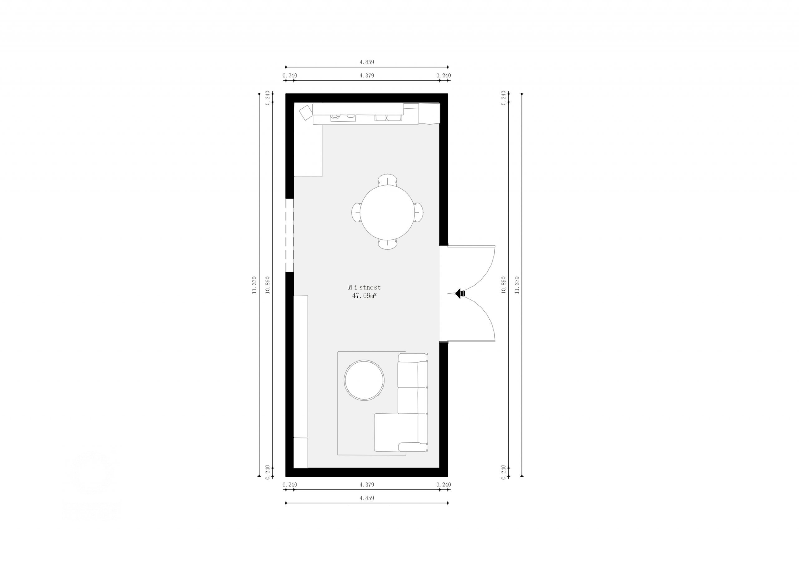 Vizualizace potencionálního budoucího stavu kuchyně, jídelny a obývacího pokoje. Přáním bylo zařazení tmavších barev, zlatých detailů, geometrických prvků.
