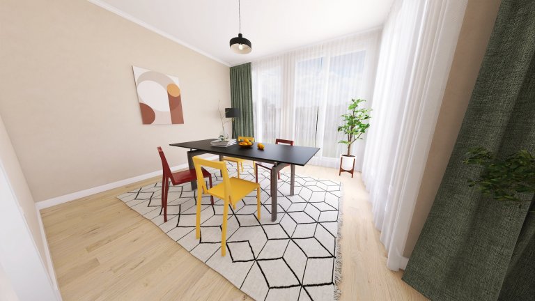 Provedení vizualizace podle předlohy klienta. Prosvětlený interiér, hravé a barevné prvky, originální kusy nábytku. Vizualizace provedená v částech kuchyně,…