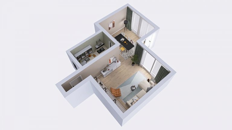 Provedení vizualizace podle předlohy klienta. Prosvětlený interiér, hravé a barevné prvky, originální kusy nábytku. Vizualizace provedená v částech kuchyně,…