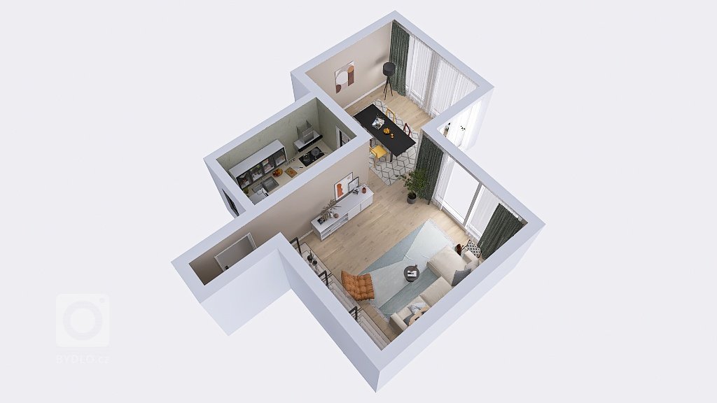 Provedení vizualizace podle předlohy klienta. Prosvětlený interiér, hravé a barevné prvky, originální kusy nábytku. Vizualizace provedená v částech kuchyně,…