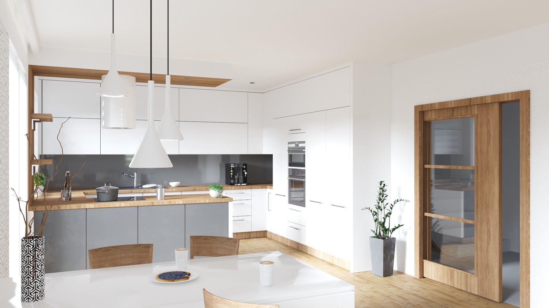 Jeden z několika návrhů obývacího pokoje spojeného s kuchyní v budoucí novostavbě rodinného domku. Požadavkem bylo použití obkladového kamene, dřeva a moderní…