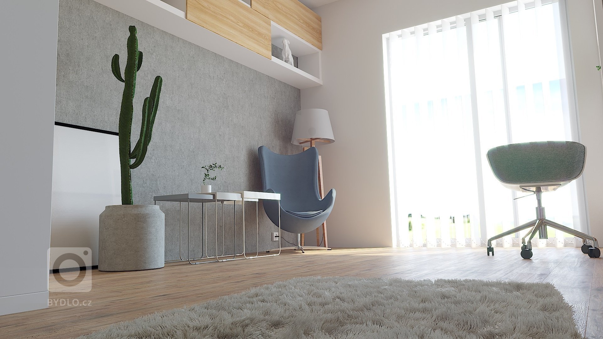 Návrh pracovny/relaxační místnosti pro čtení knížek. Nábytek na míru.
