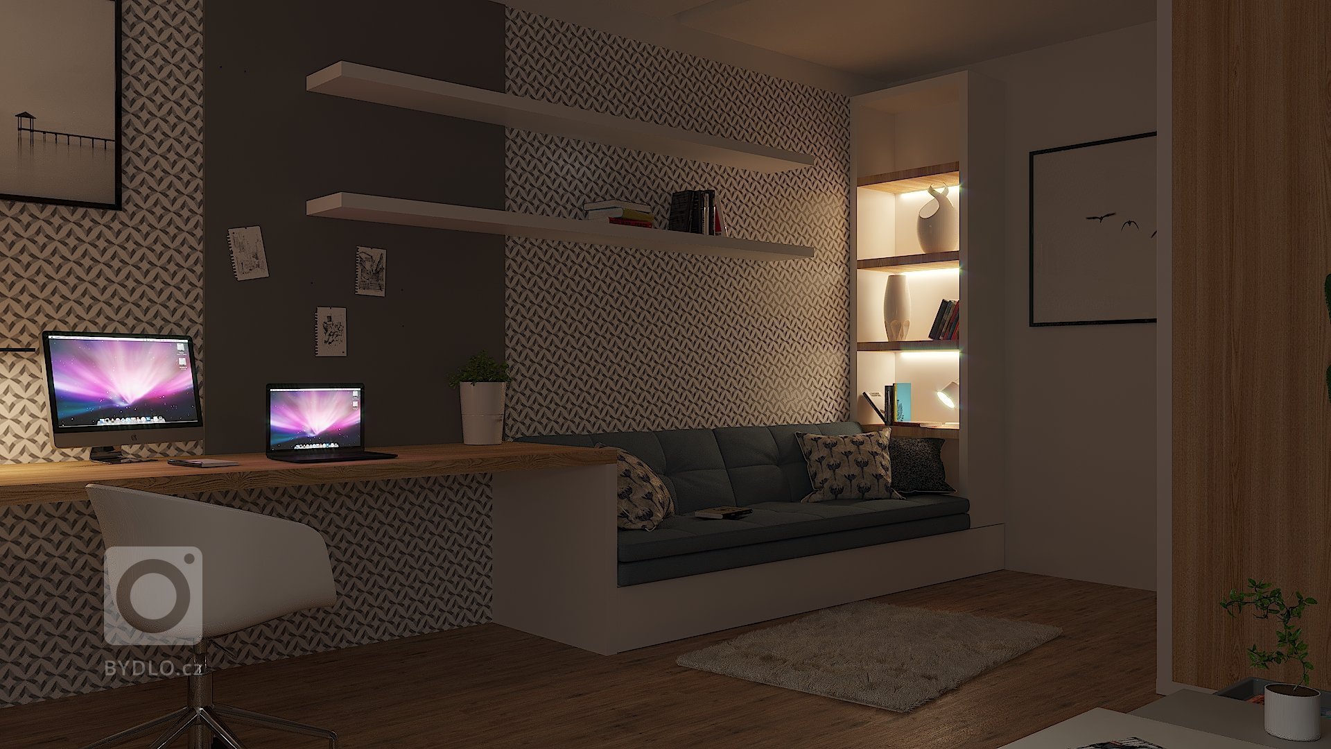 Návrh pracovny/relaxační místnosti pro čtení knížek. Nábytek na míru.
