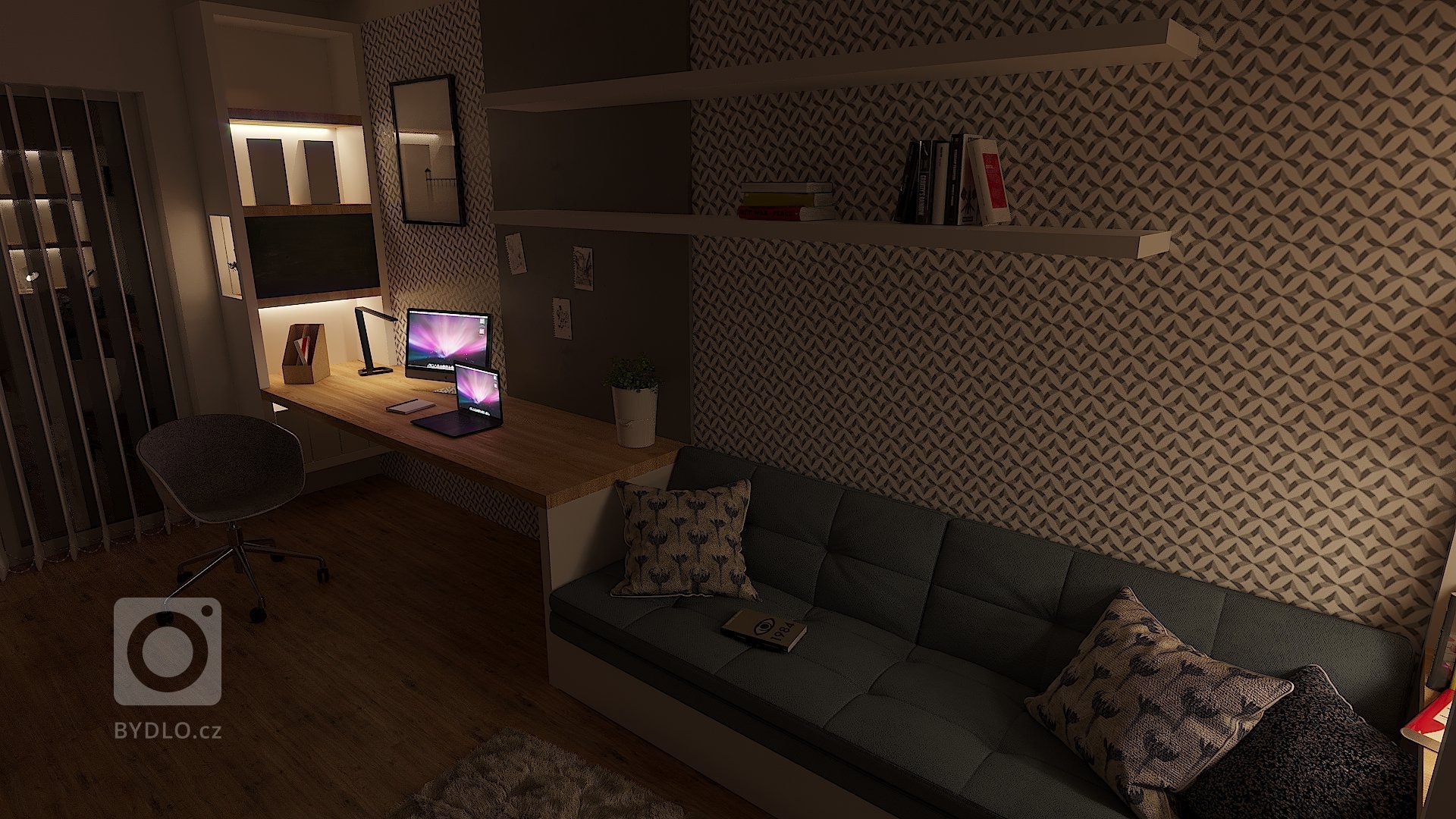 Návrh pracovny/relaxační místnosti pro čtení knížek. Nábytek na míru.
