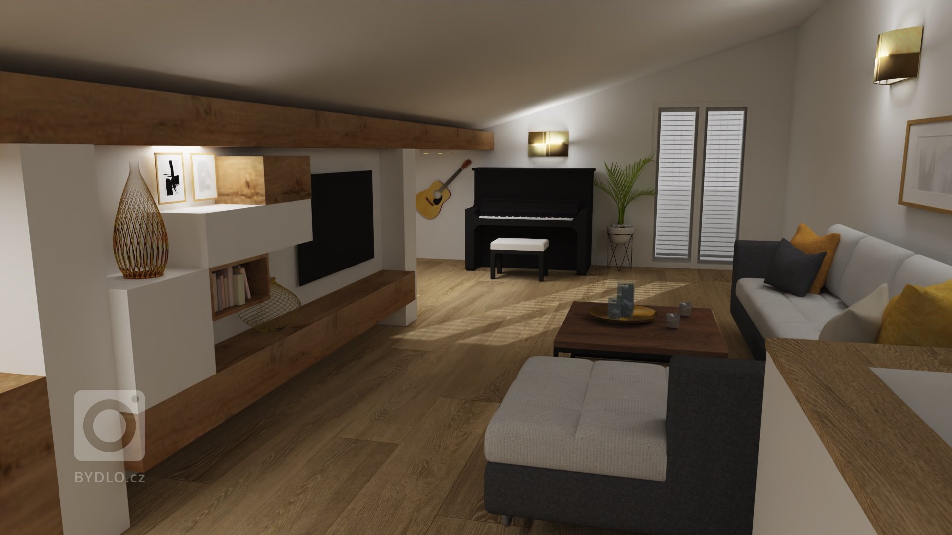 Pohled  na hudební koutek a dveře na terasu