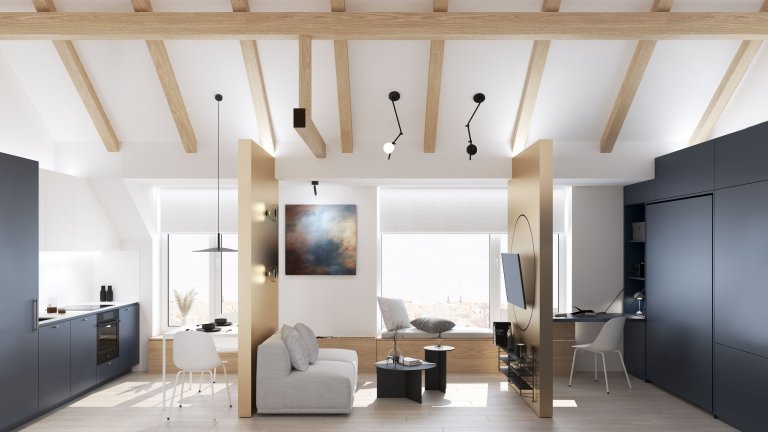 Variabilita a design, který zaujme na první pohled &ndash; to byla dvě hlavní kritéria pro návrh malometrážního podkrovního bytu v&nbsp;Hodoníně. Na ploše…