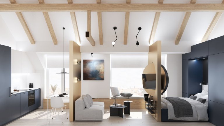 Variabilita a design, který zaujme na první pohled &ndash; to byla dvě hlavní kritéria pro návrh malometrážního podkrovního bytu v&nbsp;Hodoníně. Na ploše…